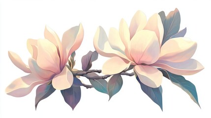Fototapeta premium Delicate magnolia blossoms on a branch. Soft pastel colors create a serene and romantic mood. Detailed botanical illustration