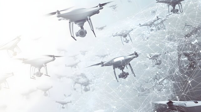 Many drones in the air, connected by a network.