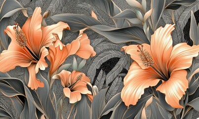 Peach hibiscus blossoms and grey foliage in a detailed, stylized floral illustration