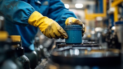 Worker checking a blue container in industrial production process, factory environment