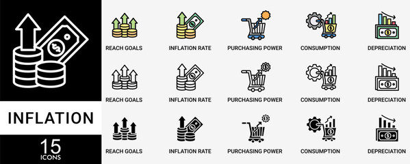 INFLATION icon set with various styles and colors of the price level, inflation rate, purchasing power, consumption, and depreciation