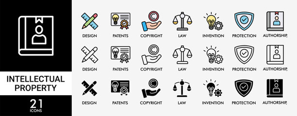 INTELLECTUAL PROPERTY icon set with various styles and colors of design, patents, invention, authorship, law, copyright, protection, and brand