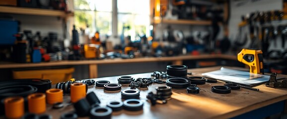 Close-up of various mechanical parts and components arranged on a workbench surface