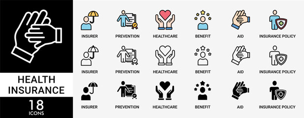 HEALTH INSURANCE  icon set with various styles and colors  of the insurer, prevention, insurance policy, benefit, aid, and healthcare simple line vector