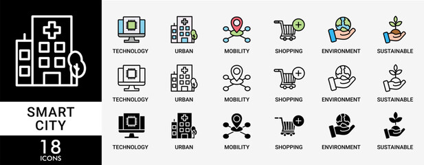 SMART CITY icon set with various styles and colors of technology, urban, connection, mobility, shopping, environment and sustainable