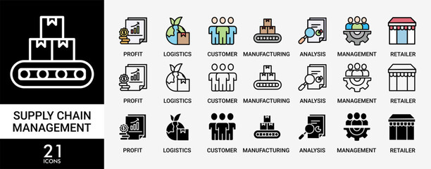 SUPPLY CHAIN MANAGEMENT icon set with various styles and colors of logistics, profit, manufacturing, distribution, customer, analysis, management, retailer, delivery.