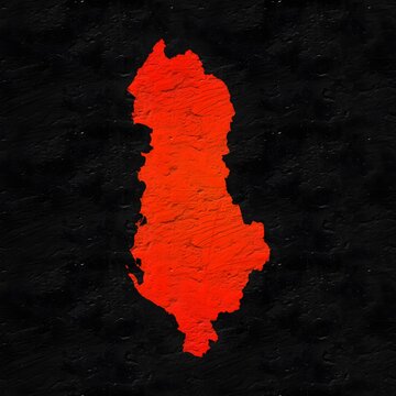 Albania red map on isolated black textured background. High quality coloured map of Albania.