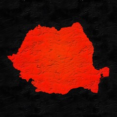 Romania red map on isolated black textured background. High quality coloured map of Romania.