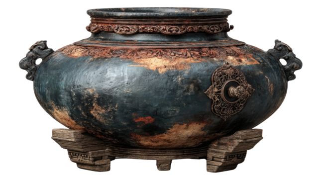 Ancient ceramic vase: Detailed view of an aged ceramic vase with an ornate pattern. It stands as a testament to ancient artistry. It tells tales of time.