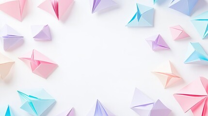 an assortment of origami birds in various sizes and colors, spread across a white background that is adorned with geometric patterns