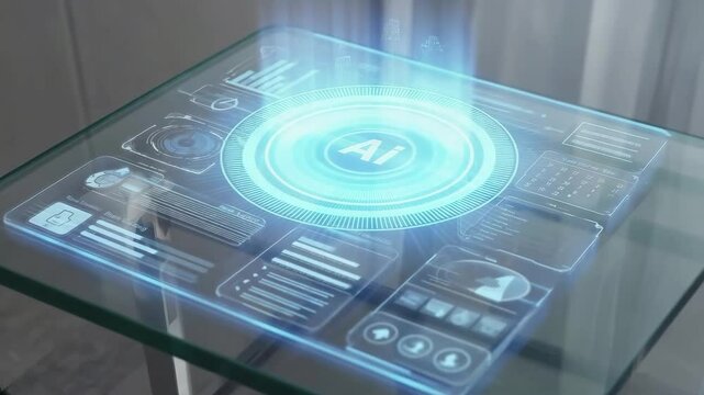 A glass table in a modern room with soft lighting displays a holographic interface with a glowing 'AI' logo at the center