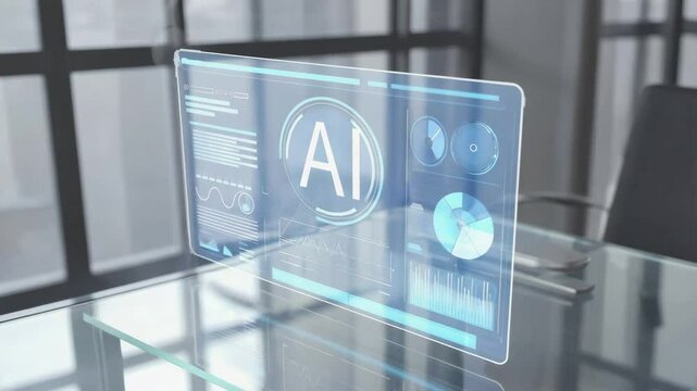 Modern digital displays a holographic interface with a glowing 'AI' logo