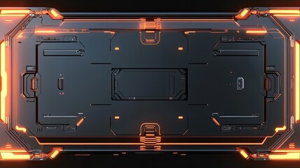 a digital rendering of a futuristic looking object resembling a spacecraft console or command center with an intricate geometric design in hues of orange, red, and black