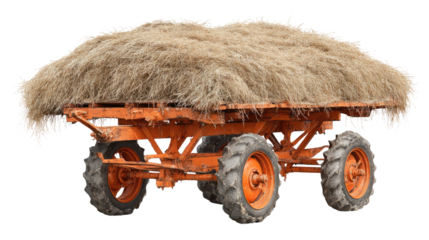 Agricultural Hay Wagon: A vintage, weathered hay wagon stands in a sunny field, laden with a bountiful load of freshly cut hay, providing a picturesque glimpse into the rural countryside.