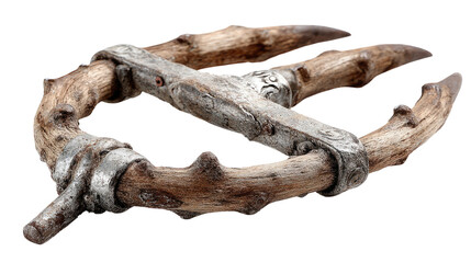 Fototapeta premium Ancient Antler Buckle: A meticulously crafted antique buckle, showcasing the artistry of antler and metalwork. The design features intricately carved antler sections joined by a silver band.