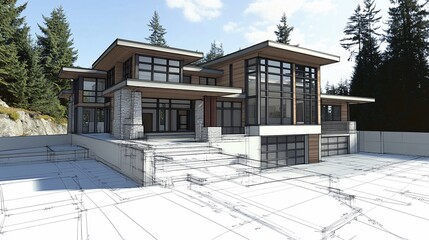 Architectural marvel, A stunning modern house design with blueprint overlay