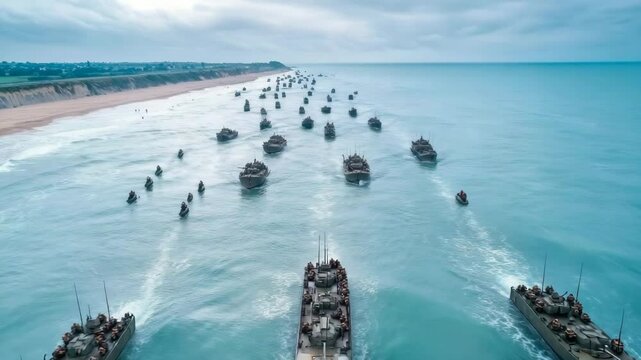 Numerous military vessels approach a sandy shore under a cloudy sky.