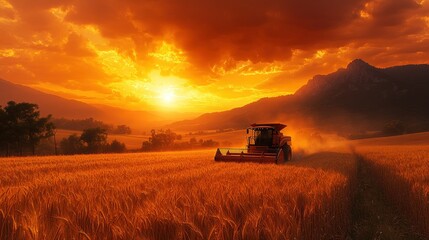 Fototapeta premium Golden field, sunset, harvester