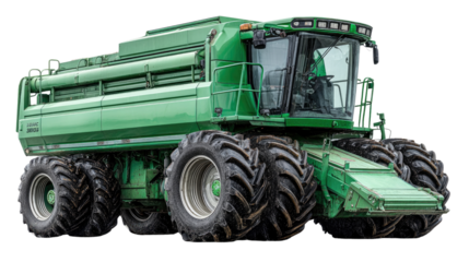 Combine Harvester: A powerful combine harvester, essential for modern agriculture, stands ready for harvest, its robust wheels and intricate machinery embodying agricultural innovation.