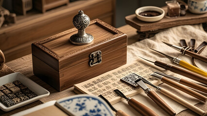 Seal carving and calligraphy tools arranged on a wooden scholar’s desk, showcasing the elegance of traditional Chinese craftsmanship

