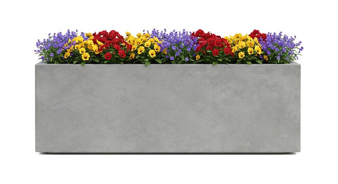 Gray planter with colorful flowers