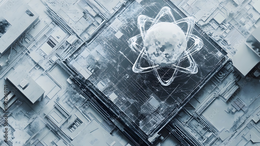 Poster abstract design with a complex atomic structure.