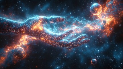 A Colourful Alien Nebula Explodes In Cyberspace With Fractal Galaxies Binary Code Textured Light and Gas Clouds Forming a Digital Heaven of Swirling Planets and Cosmic Symbols