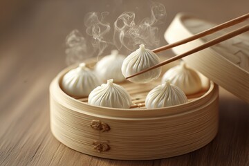 Steamed Perfection: Translucent Xiaolongbao with Visible Soup Broth in Bamboo Steamer (4K Ultra-Detailed Culinary Photography)