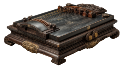 Elegant Zither: A meticulously crafted, traditional musical instrument, the zither, rests gracefully. This antique piece exudes the aura of tradition and artistic excellence. 