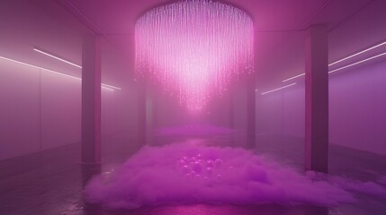 A Cosmic Chandelier Made of Coded Light Strands and Crystal Smoke Orbs Suspended Above an Abstract Floor of Glass and Violet Mist