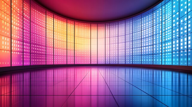Colorful, vibrant interior space with glowing LED panels.