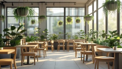 Fototapeta premium Sunny cafe with plants, and interior design.