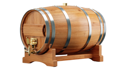 Wooden Wine Barrel: A sturdy oak wine barrel on a wooden stand, showcasing its classic design and craftsmanship. The barrel's metallic bands add a touch of elegance.