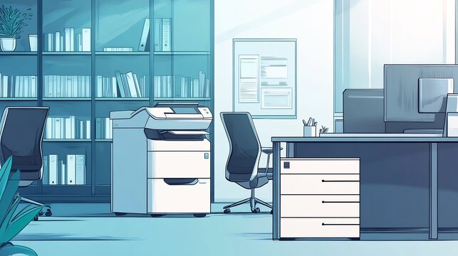 2d office illustration showing IoT connected printers smart desks occupancy sensors for efficiency