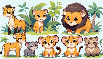 Fototapeta premium Cute cartoon baby jungle animals vector illustration set