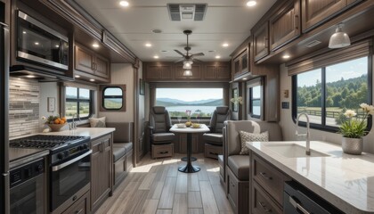 Spacious and bright interior of a modern recreational vehicle with seating and kitchen area