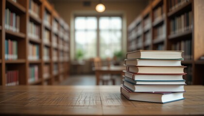 A stack of hardcover books sits invitingly on a wooden table in a warm and inviting library.