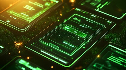 Fototapeta premium Digital displays with glowing green interface elements.