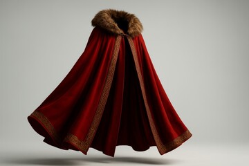 Elegant Red Cloak With Fur Trim Displayed in a Minimalist Studio Setting Showcasing Luxury Fashion Design