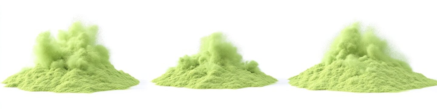 Light-green powder in three piles, with puffed-up cloud-like dust rising from each