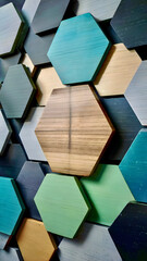 Colorful hexagonal wooden panels create an eye-catching wall design in a modern interior space
