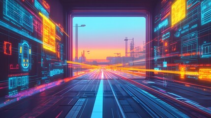 Obraz premium Futuristic cityscape tunnel with digital displays.