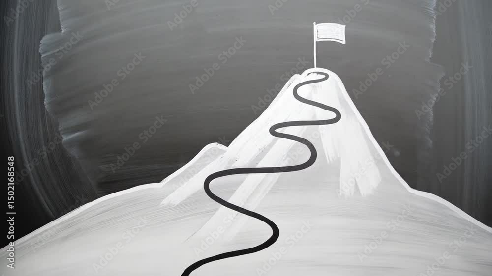 Poster hand drawing mountain path with flag on blackboard using chalk for goal achievement concept art