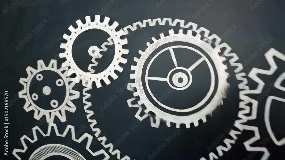 Poster hand pointing at chalk drawn gears on a blackboard showing a system or mechanism in motion concept