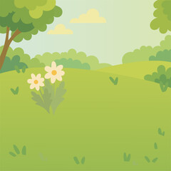 Cartoon Nature Vector Illustration with Flowers and Green Meadow