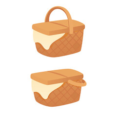 Picnic Basket Vector Illustration with Closed Lid and Cloth