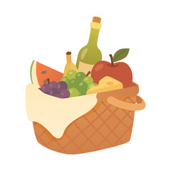 Cartoon Picnic Basket Vector Illustration with Wine Bottle, Fruits, Cheese and Cloth on White Background