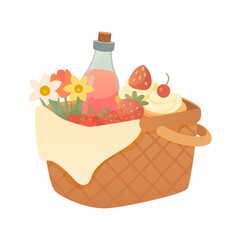 Picnic Basket Vector Illustration with Strawberries, Cupcakes, Juice Bottle, Flowers and Cream Topping on White Background
