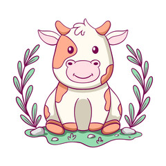 Cute cartoon cow is sitting in a field of grass. The cow is smiling and he is enjoying its surroundings