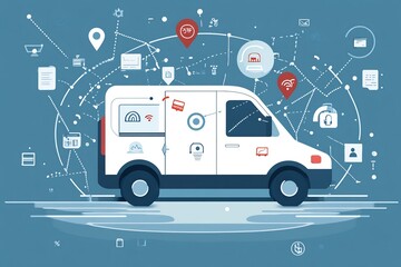 Flat vector illustration of IoT applications transportation logistics vehicle diagnostics and route planning
